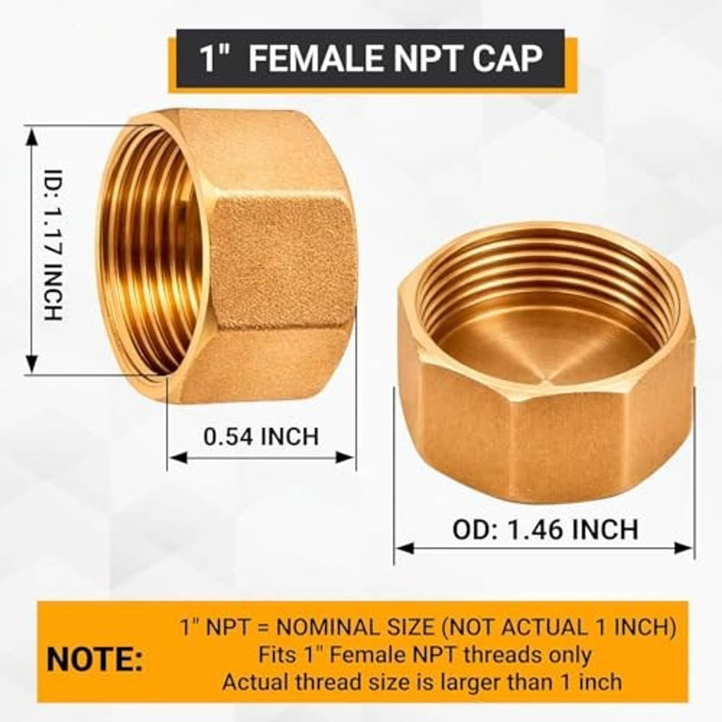 Brass hex pipe cap with female NPT threads visible inside the threaded opening