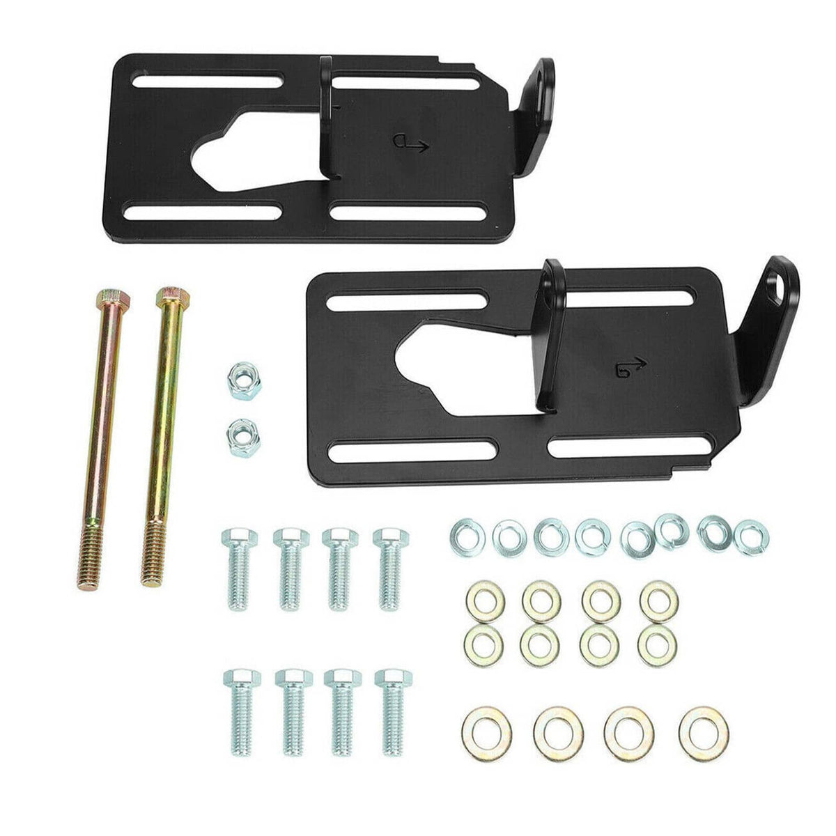 Adjustable engine mount bracket kit with black plates and mixed bolts, nuts, and washers