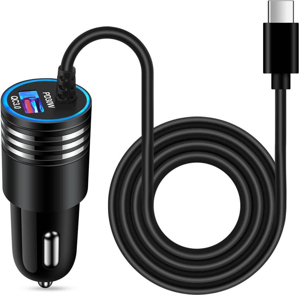 Car USB-C car charger with coiled cable and dual-tone blue branding on plug
