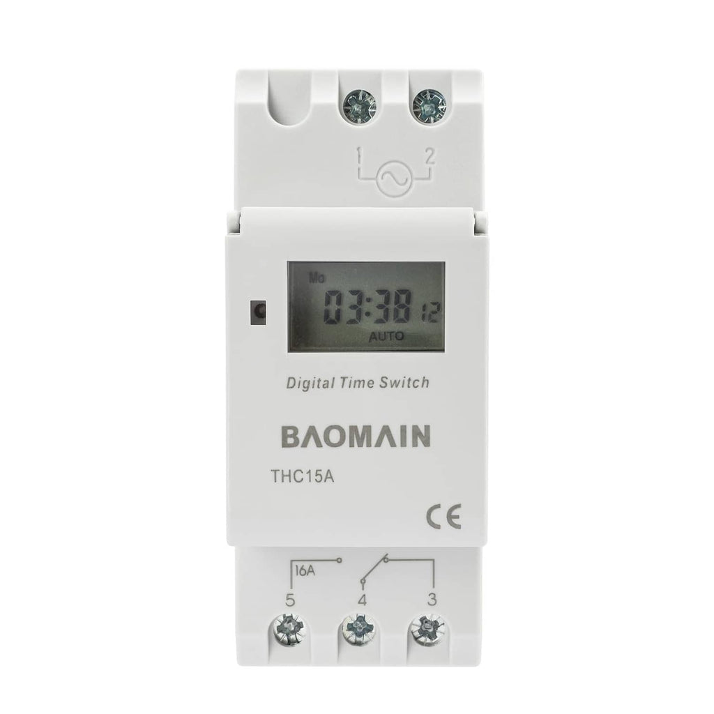 BAOMAIN THC15A digital time switch relay, front view with LCD and DIN rail terminals