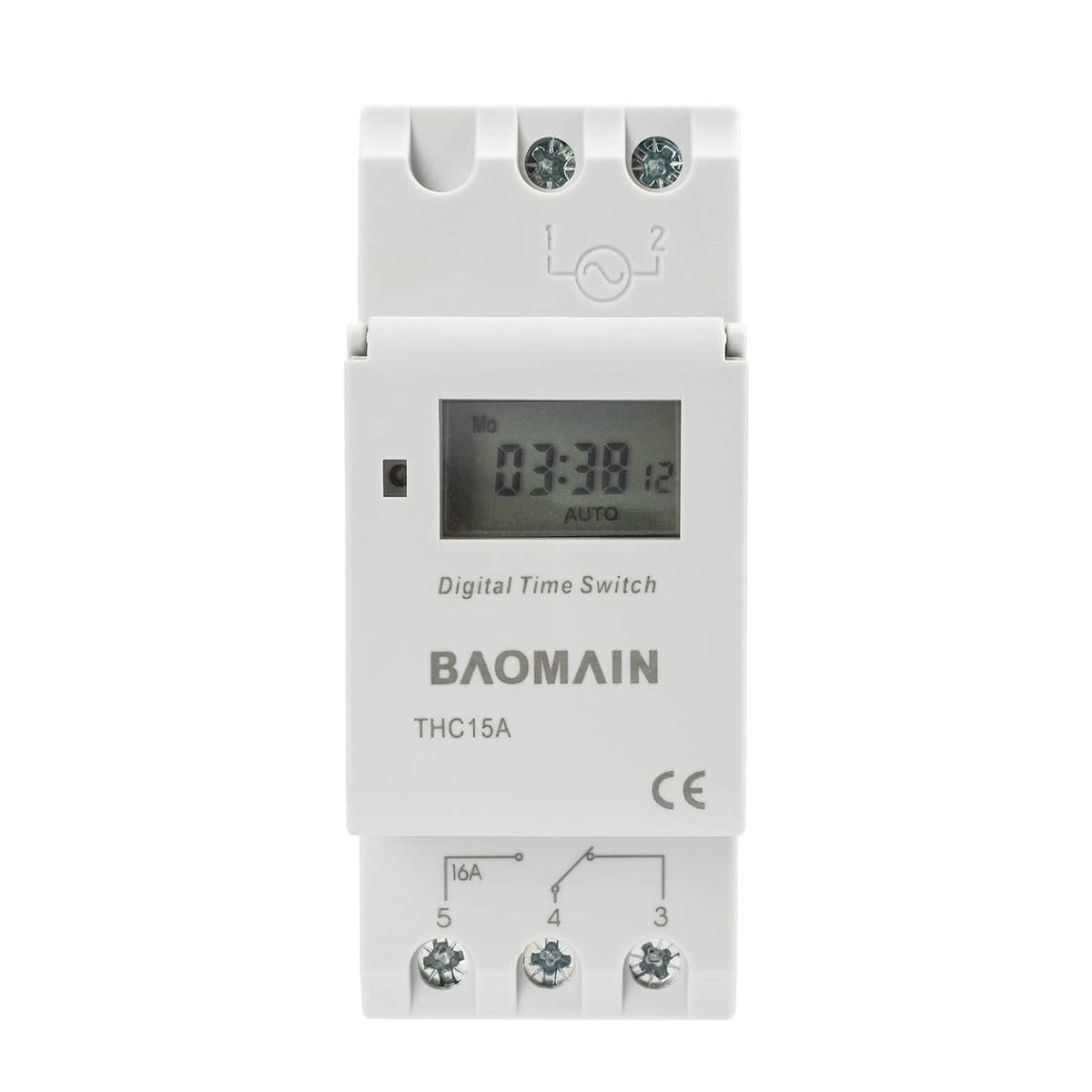 BAOMAIN THC15A digital time switch relay, front view with LCD and DIN rail terminals
