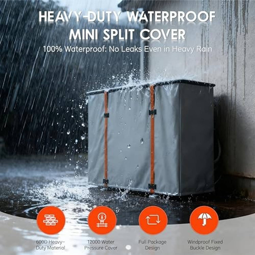 Waterproof mini split air conditioner cover with water droplets on light gray fabric and orange straps