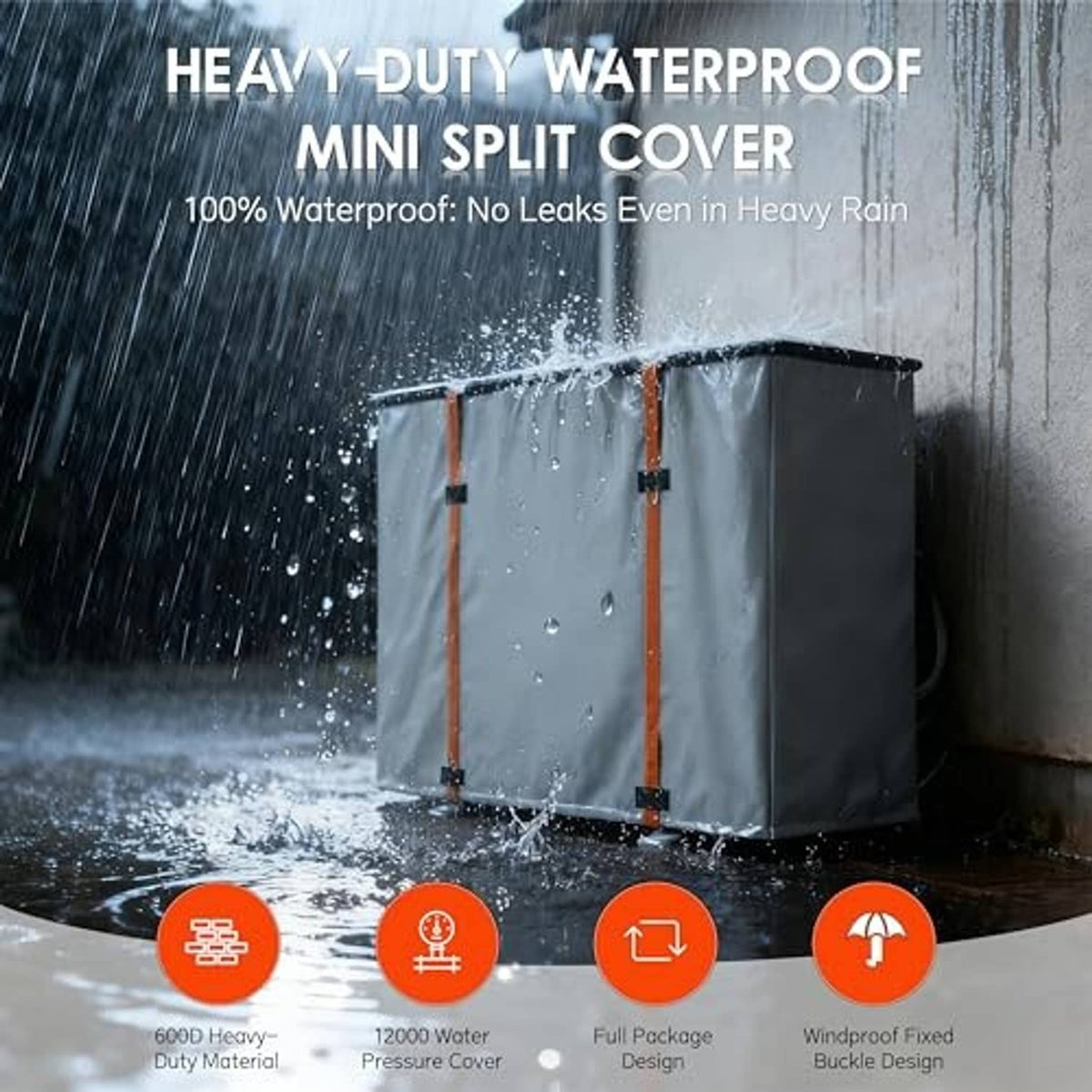 Waterproof mini split air conditioner cover with water droplets on light gray fabric and orange straps