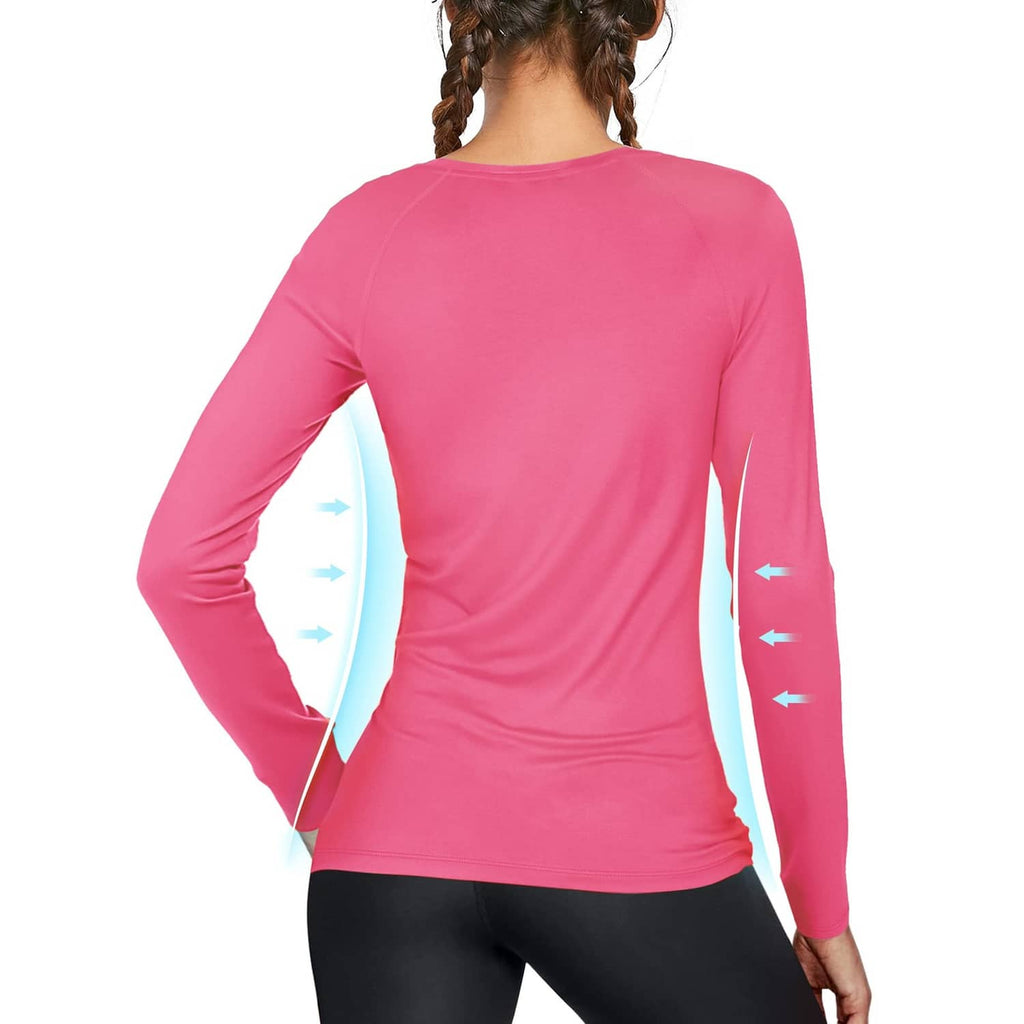 Bright pink women's long-sleeve swim shirt, back view, crew neck, stretch fit