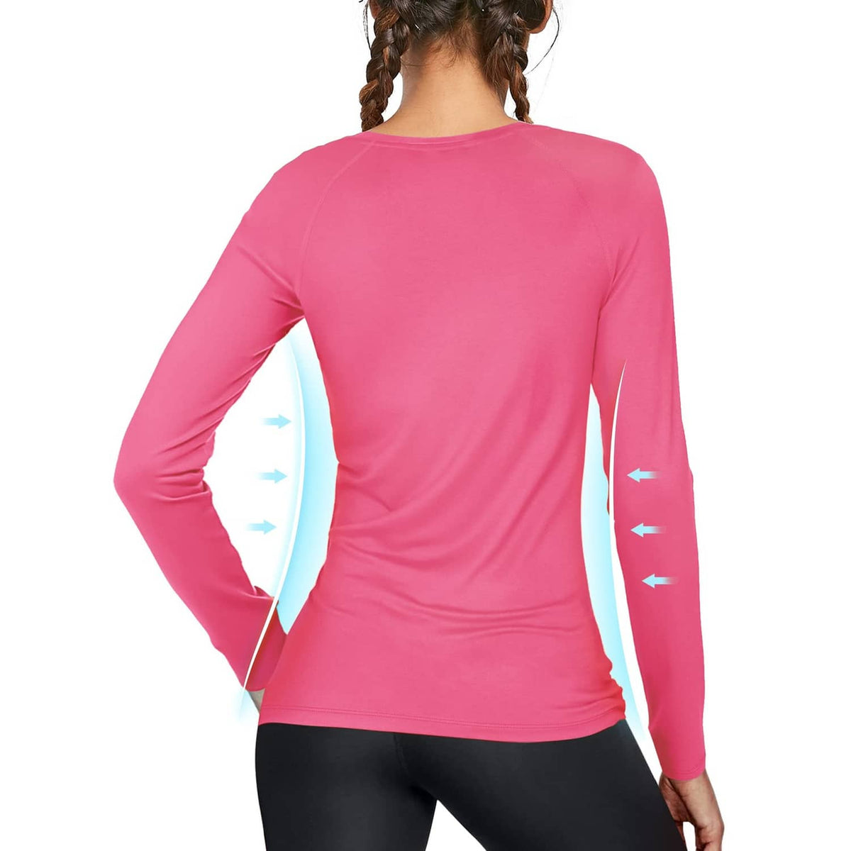Bright pink women's long-sleeve swim shirt, back view, crew neck, stretch fit