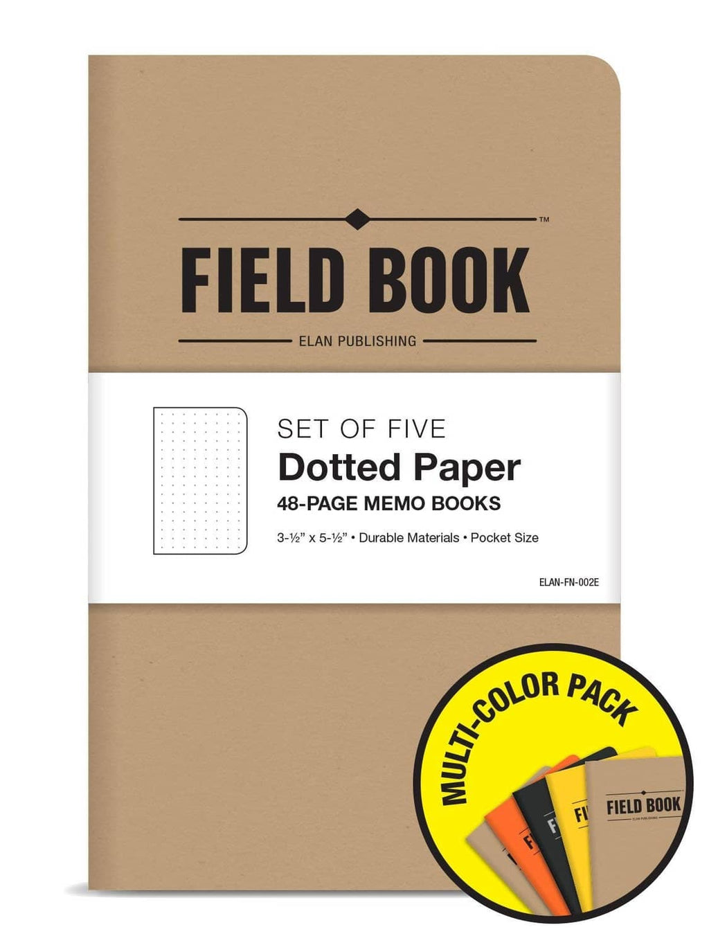 Set of five pocket field books with kraft covers, 48-page dotted memo paper