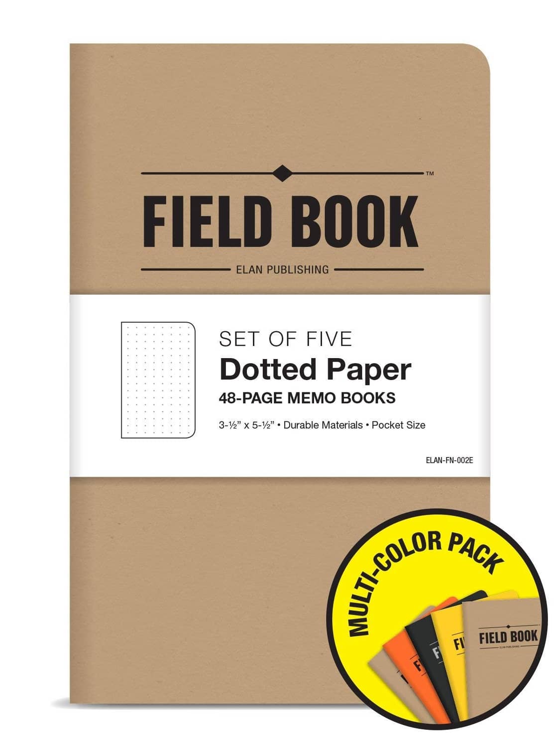 Set of five pocket field books with kraft covers, 48-page dotted memo paper