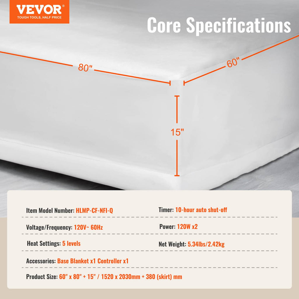 Folded white heated mattress pad showing dimensions
