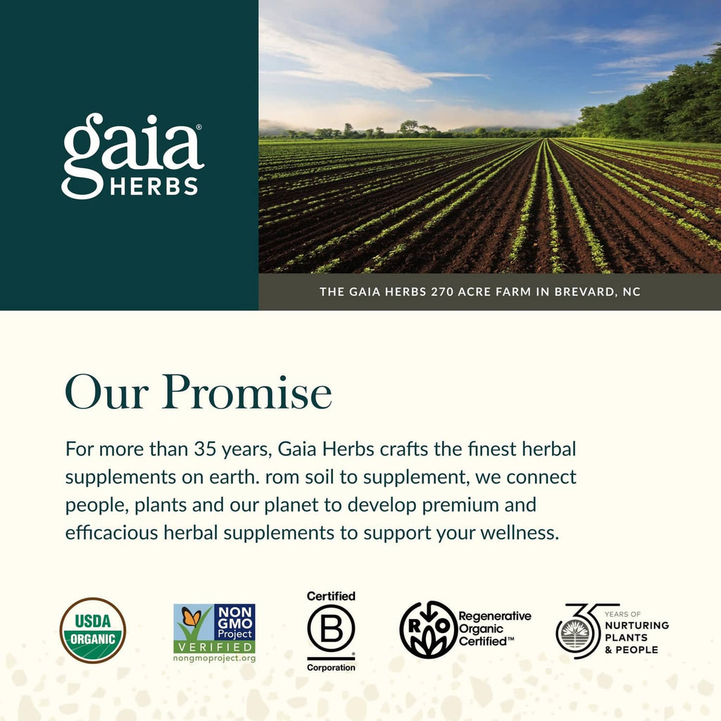Gaia Herbs brand promise panel with farm field photo and certifications