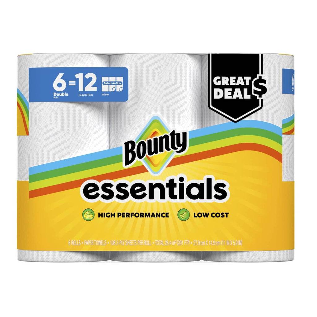 White paper towel 6-12 multipack with Bounty essentials branding