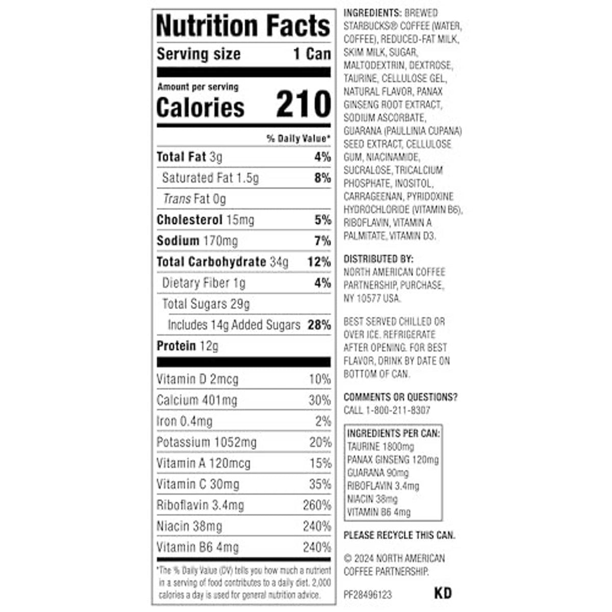 Starbucks Doubleshot Energy vanilla nutrition facts panel on can back