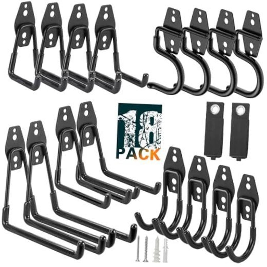 Black U-shaped wall hooks with mounting plates, heavy-duty garage hook set (18 pack)