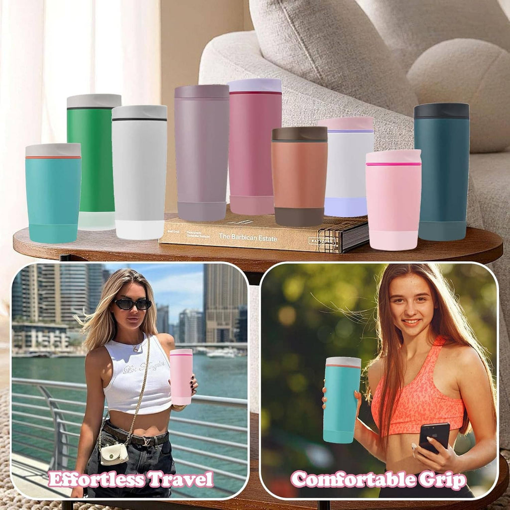 Assorted silicone tumbler boot sleeves in teal, white, pink, gray, and tan colors