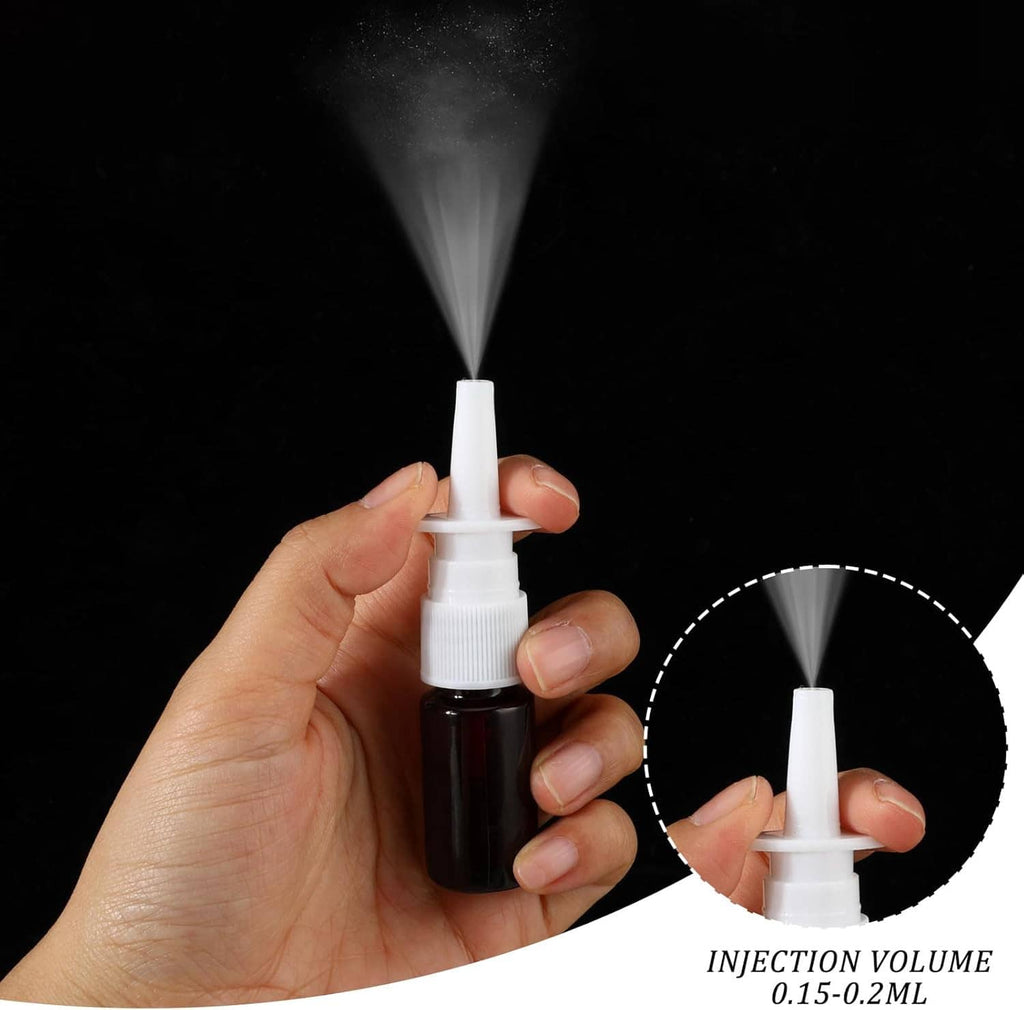 Nasal spray bottle with fine mist atomizer, white nozzle and dark refillable container