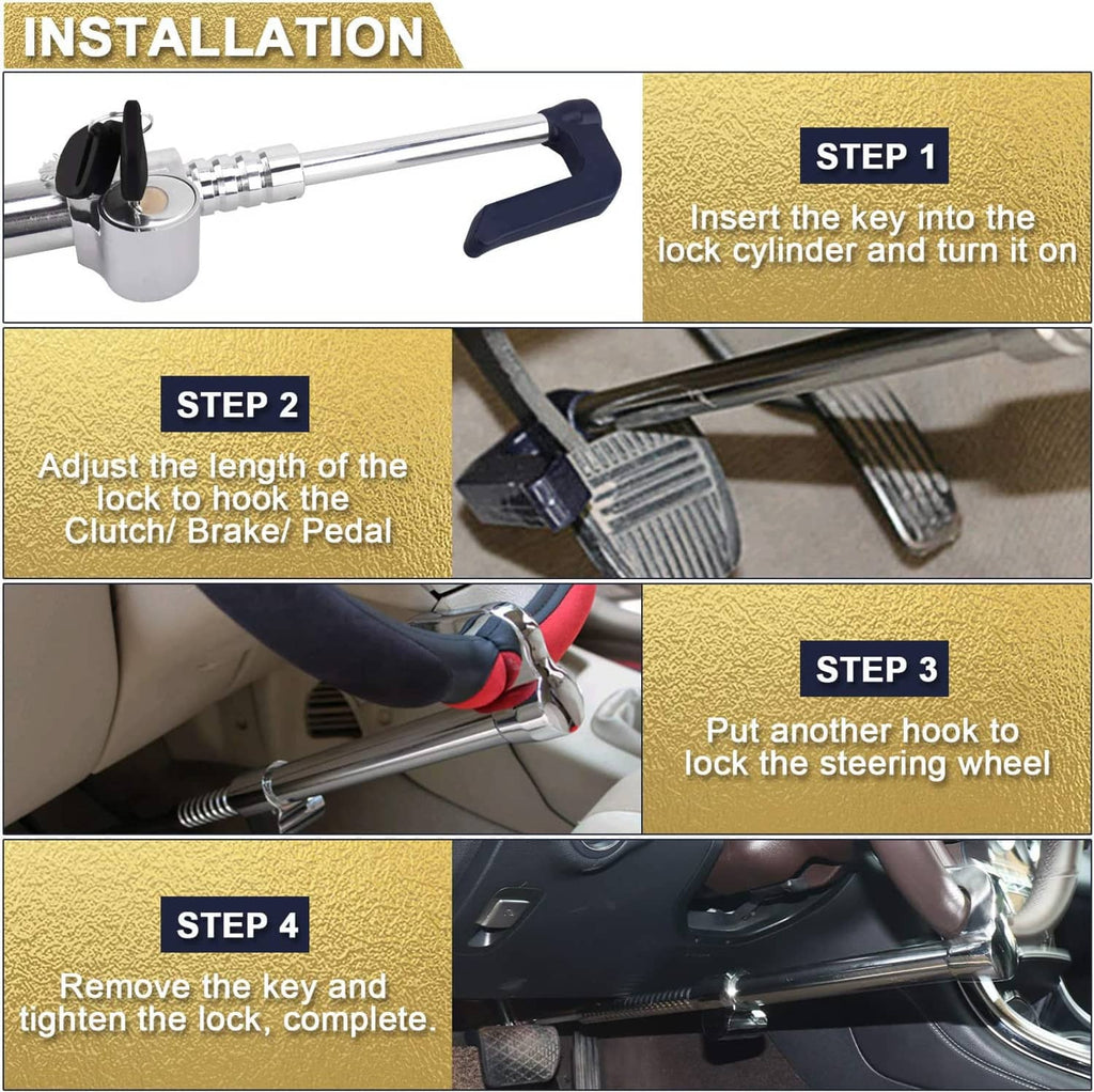Steering wheel brake lock installation steps showing hook mounting and tightening