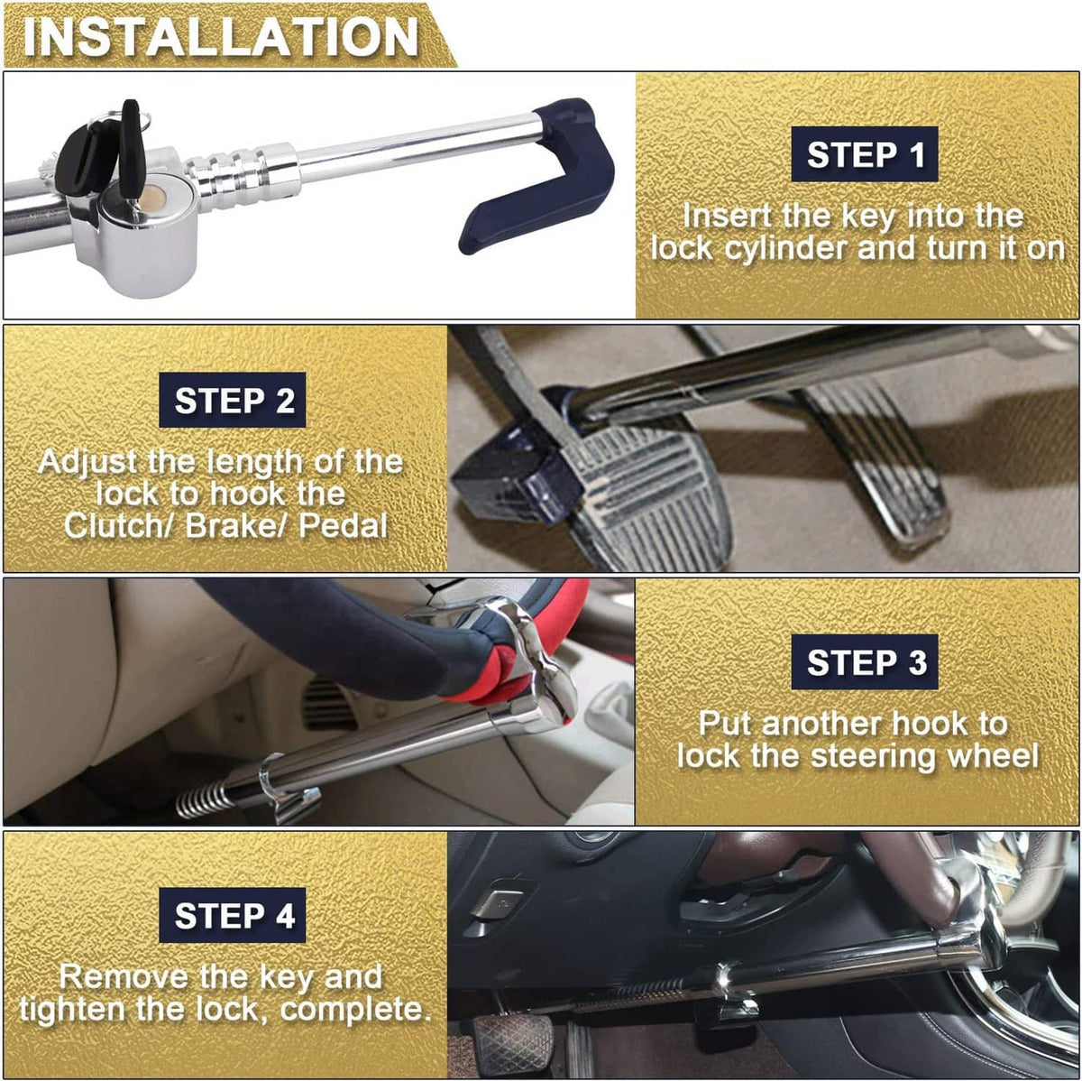 Steering wheel brake lock installation steps showing hook mounting and tightening