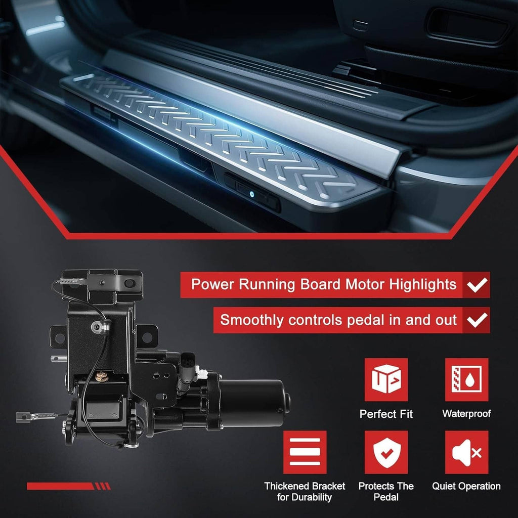 Power running board step tread panel with motor control area, black and silver