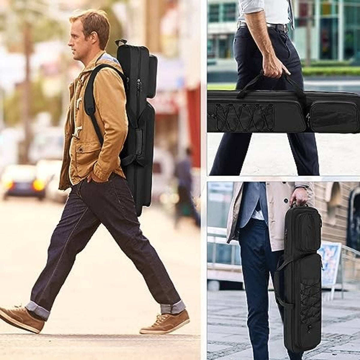 Black pool cue case carried by a man while walking