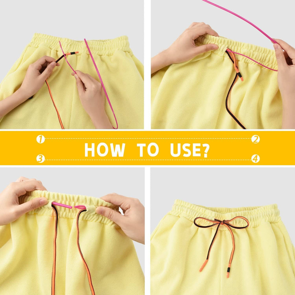 Yellow sweatpants drawstrings with tied ends and metal aglets