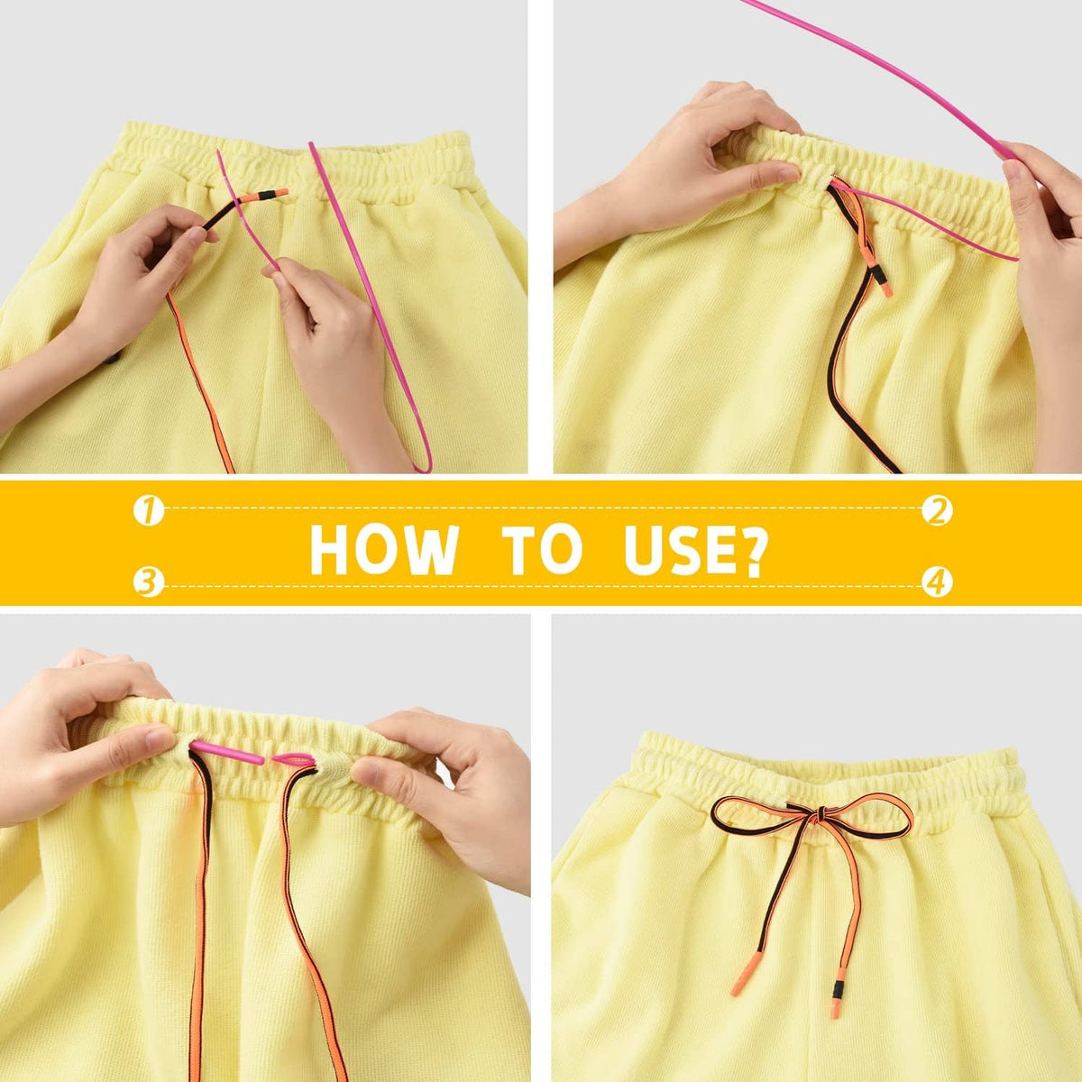 Yellow sweatpants drawstrings with tied ends and metal aglets