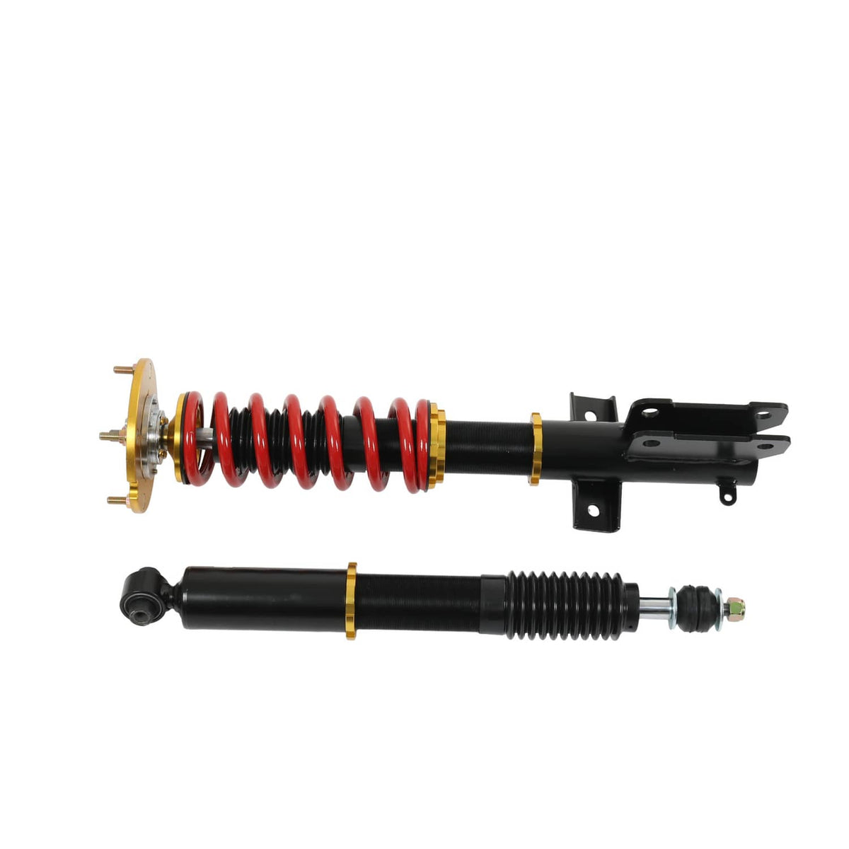Front coilover strut with red spring, black shock, and matching rear strut