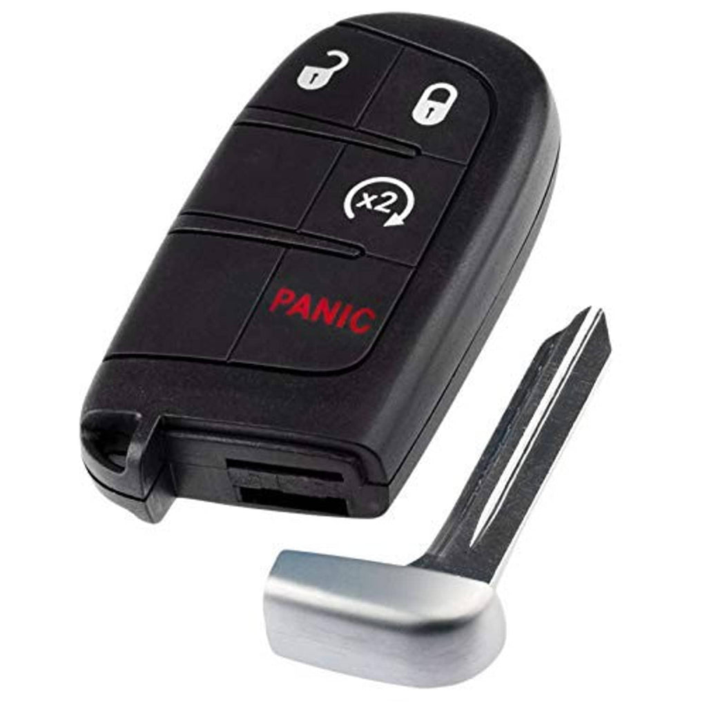 Black key fob with lock/unlock icons, red PANIC button, x2 label and chrome key blade