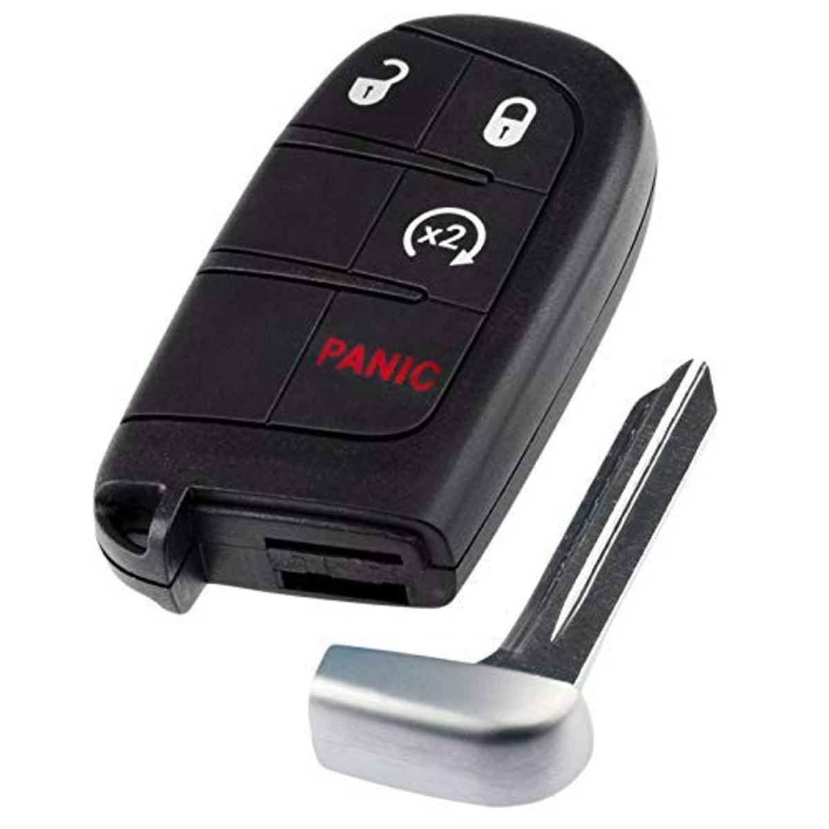 Black key fob with lock/unlock icons, red PANIC button, x2 label and chrome key blade