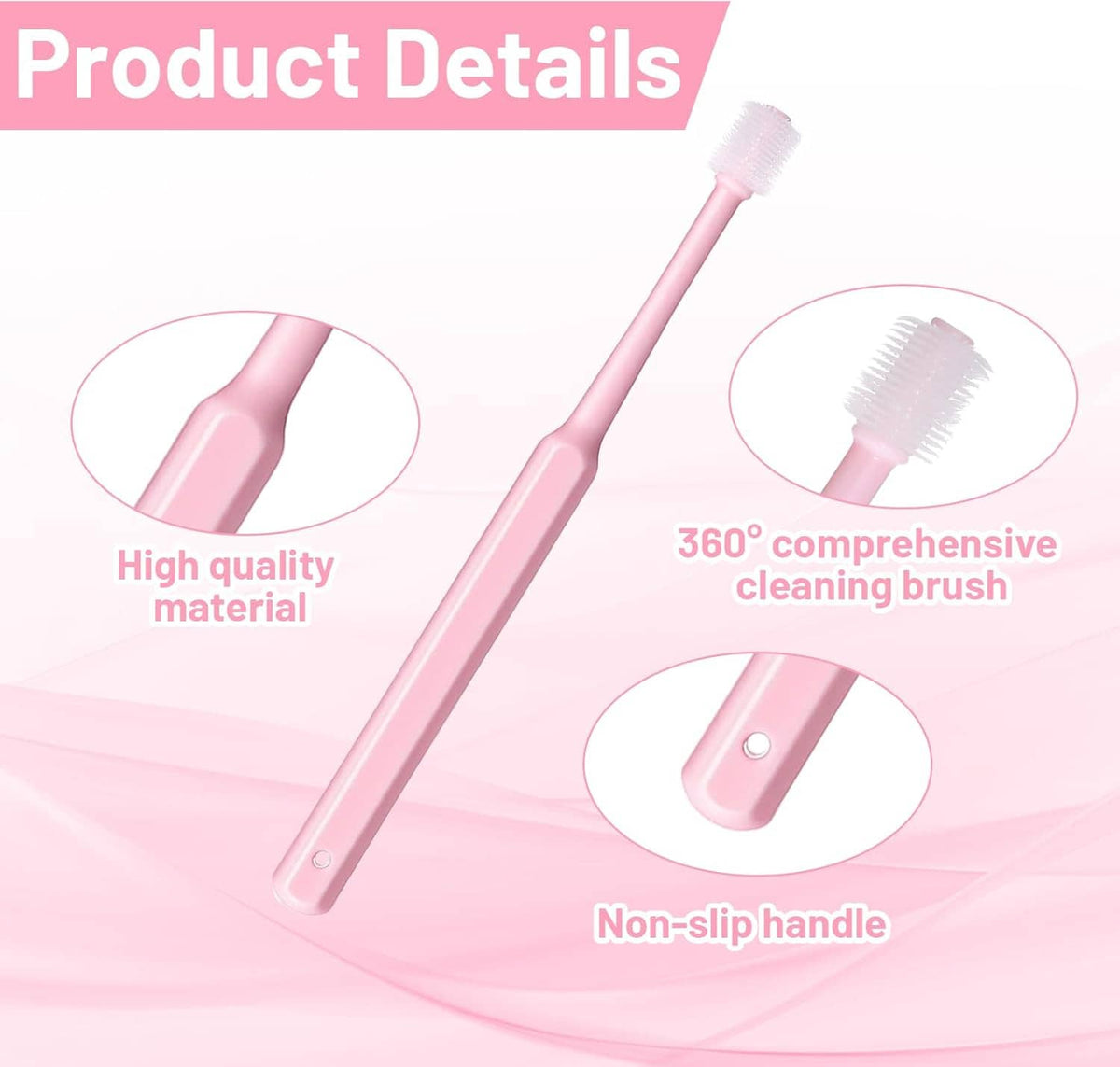 Pink pet toothbrush with soft silicone bristles and non-slip handle