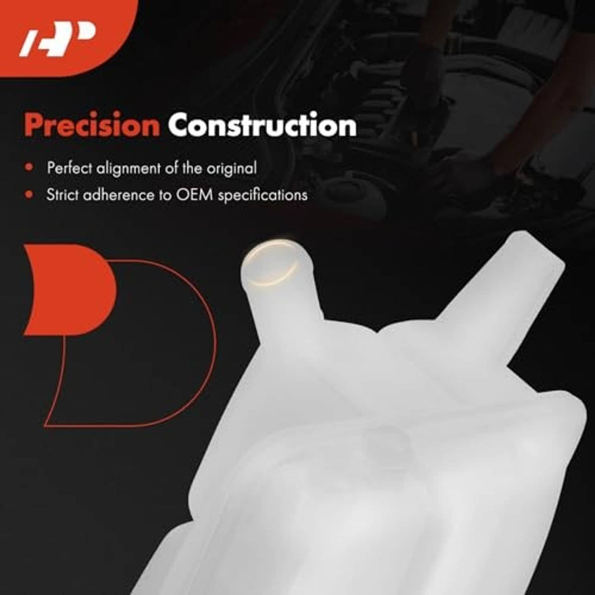 White coolant reservoir tank with filler opening and black reservoir cap