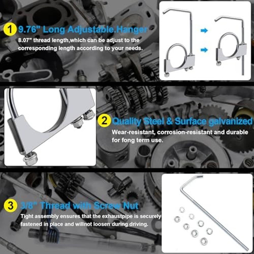 Adjustable threaded hanger for exhaust clamp, with two nuts and silver U-brackets