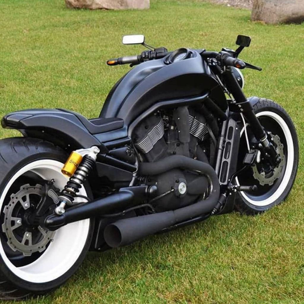Motorcycle with black rectangular mirrors and blue-tinted lenses
