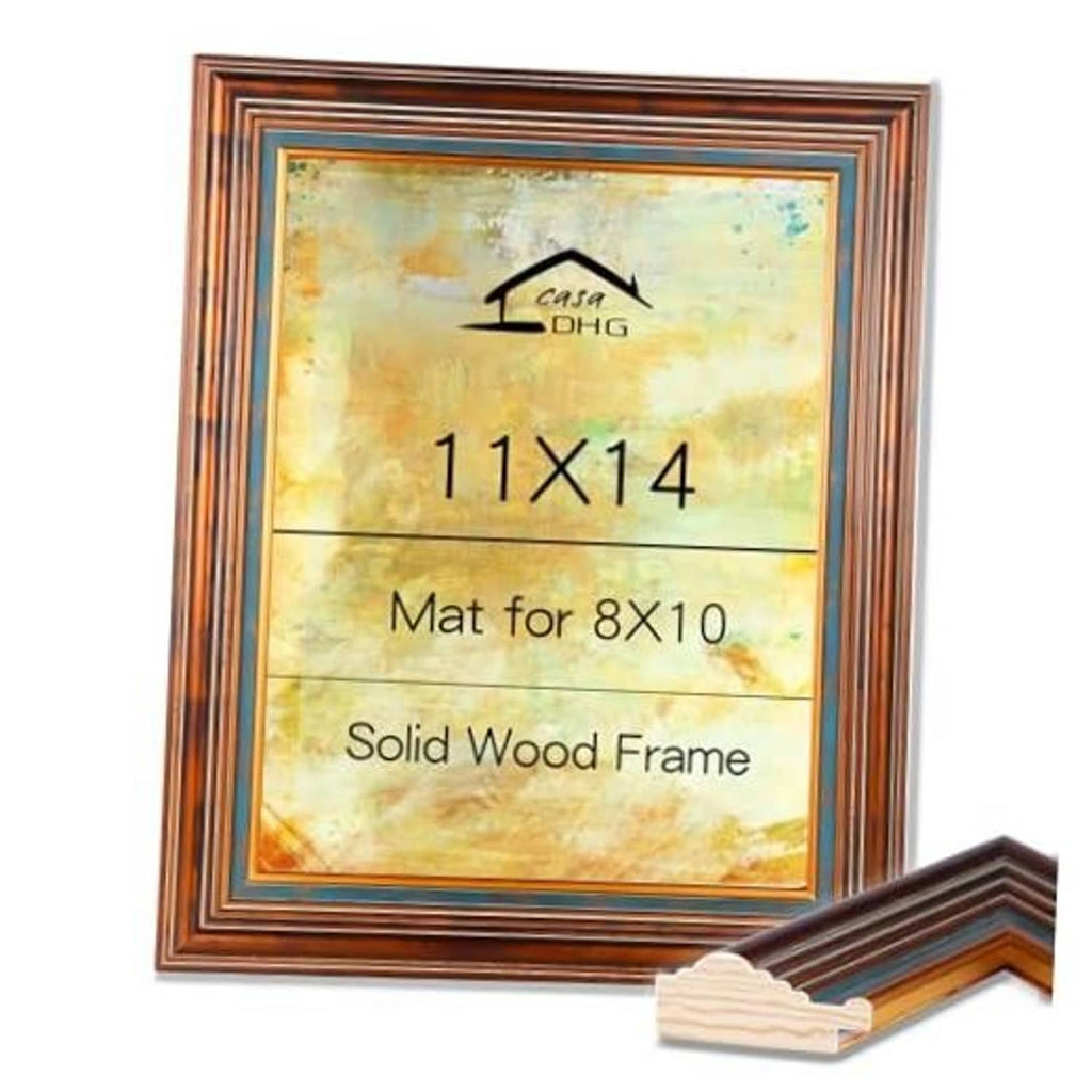 11x14 vintage picture frame with real glass front, gold-toned wood border