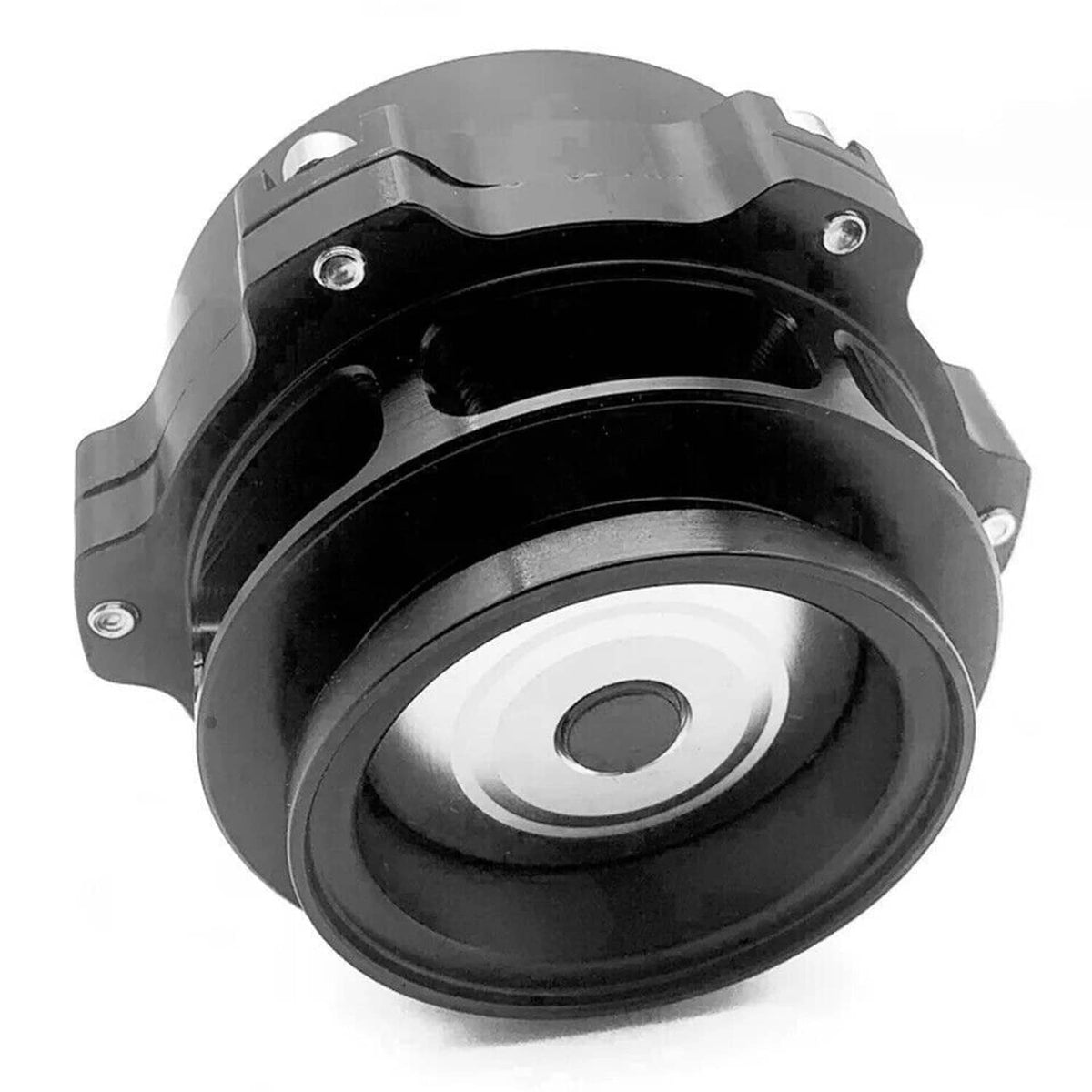 Black intake valve housing with circular metal disc and mounting bolts