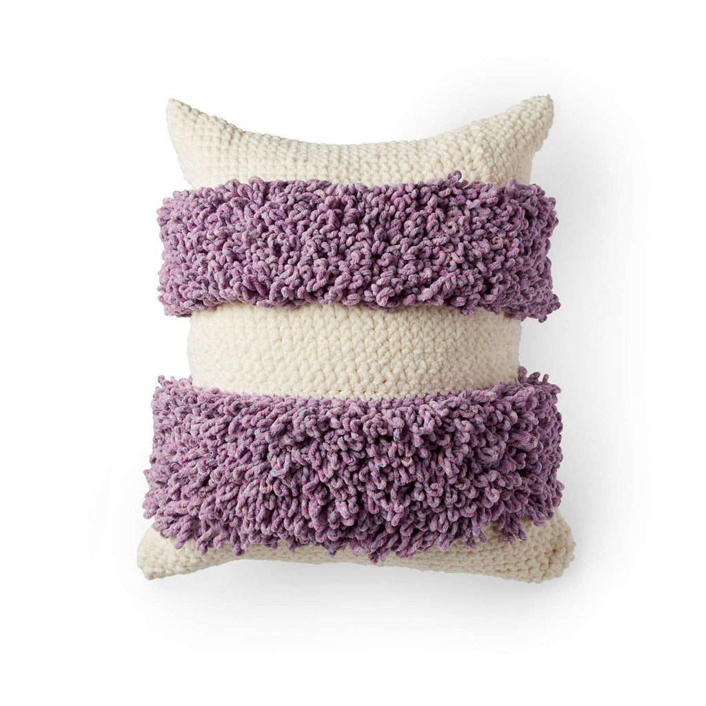 Chunky knit scarf with cream body and purple ruffled stripes