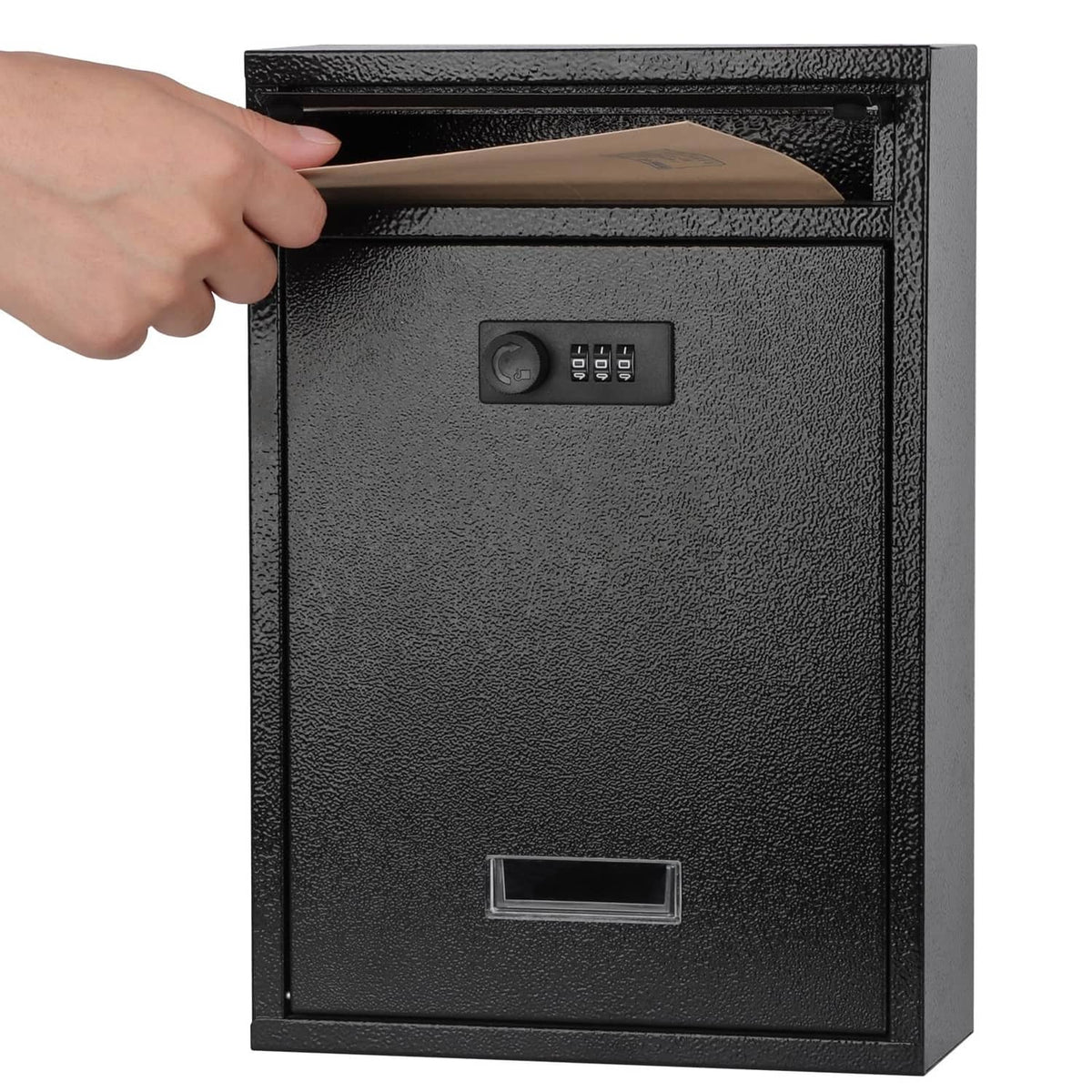 Black metal wall mailbox with combination lock keypad; hand opens top mail flap