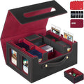 Multi-compartment card storage box with black exterior, red interior, hinged lid handle slot.