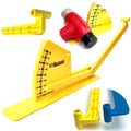 Yellow deck leveling stabilizer extension with red rigid arm, black tip, and height scale