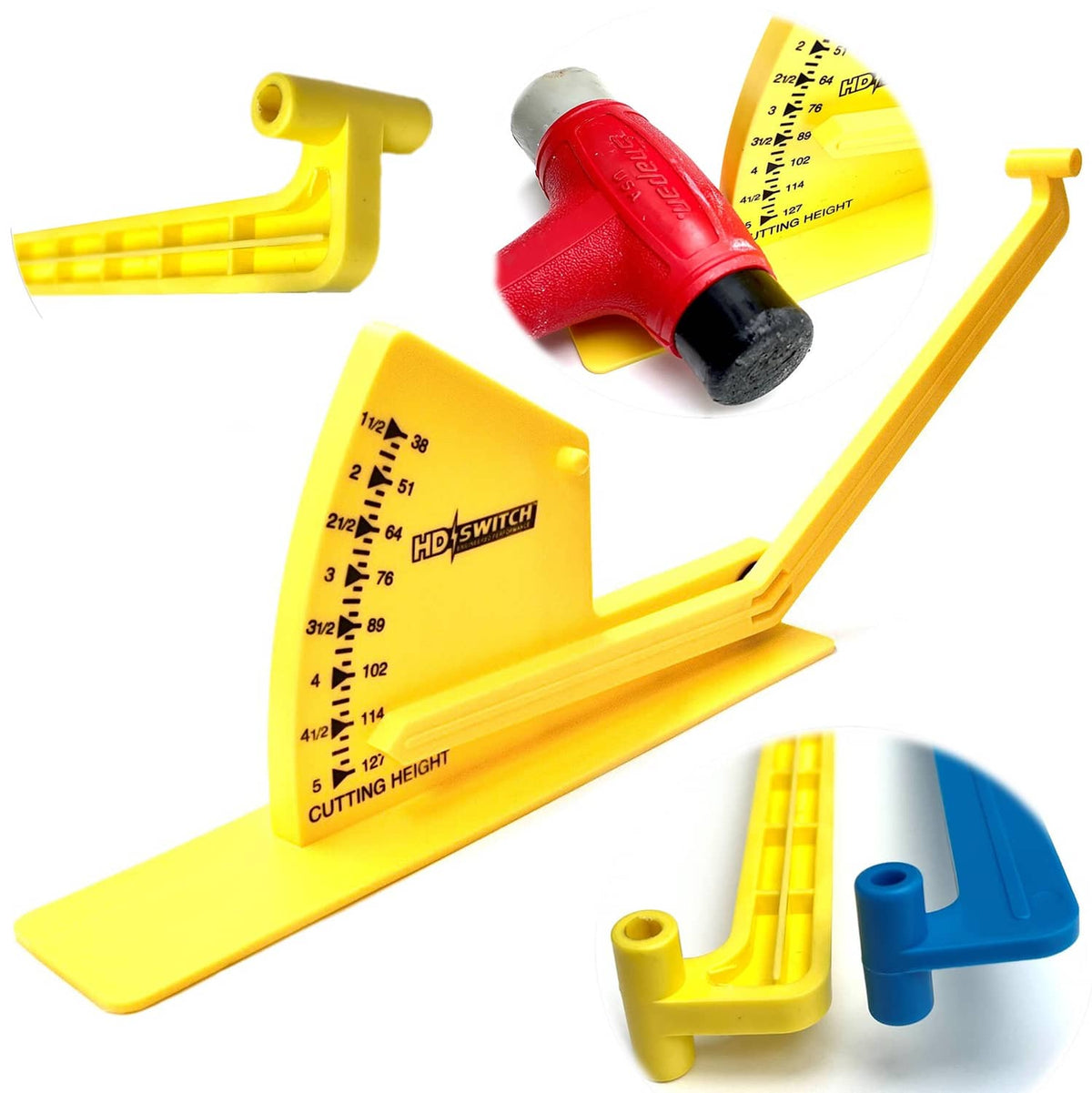 Yellow deck leveling stabilizer extension with red rigid arm, black tip, and height scale