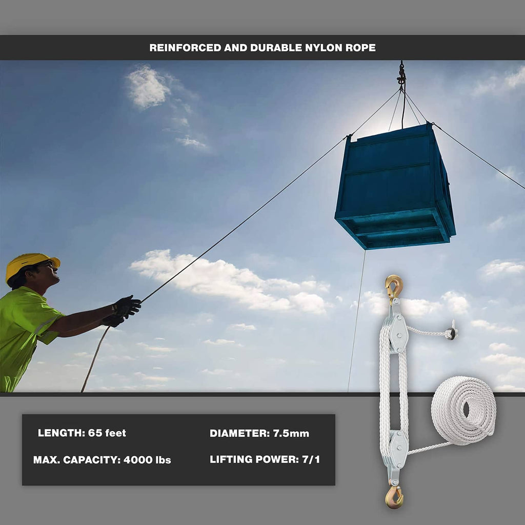 Block and tackle pulley system lifting a load with white rope and gold hooks