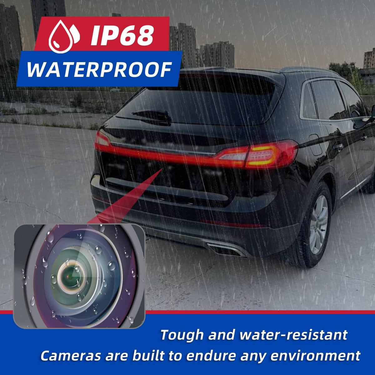 Waterproof IP68 rear view backup camera with lens close-up