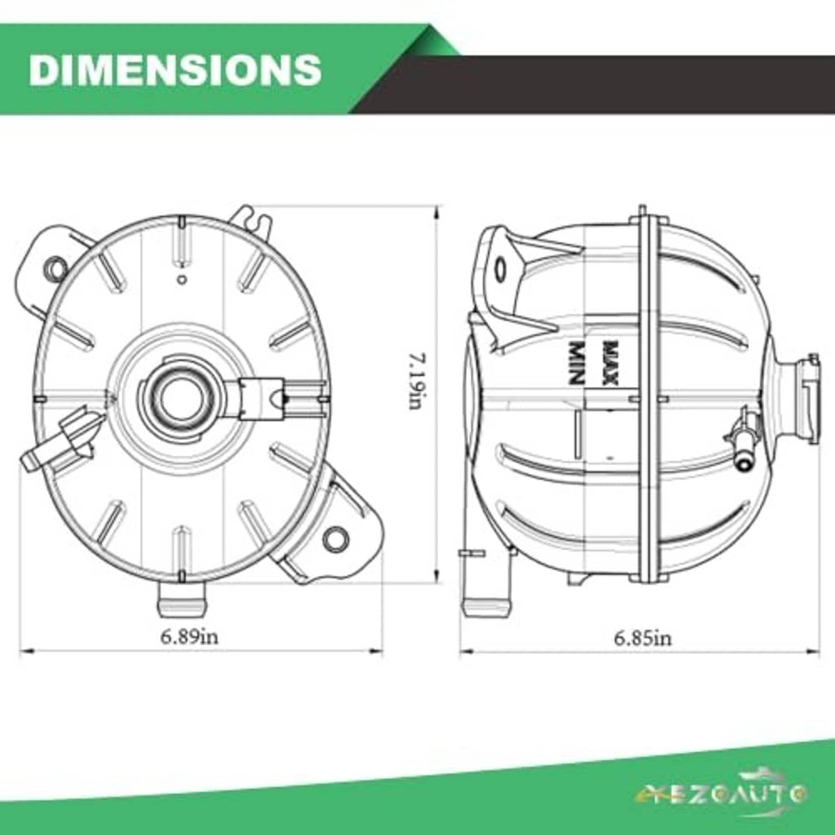 Coolant reservoir overflow tank dimension diagram with black cap and outlet ports
