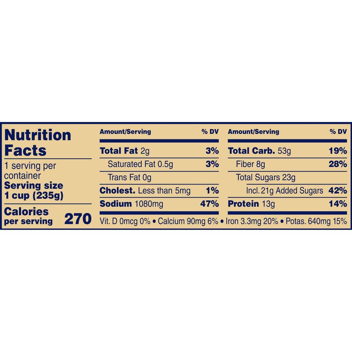 Nutrition Facts panel for baked beans, calories and nutrient percentages shown