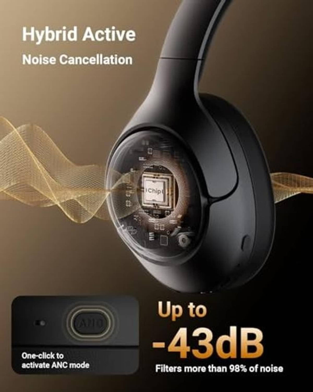 Black over-ear wireless headphones with angled earcup and smooth headband