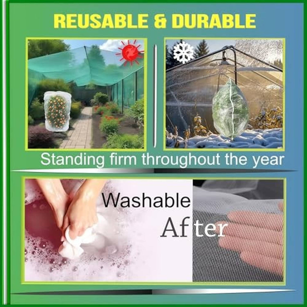 Transparent mesh plant cover bag, shown stretched over seedlings in a garden