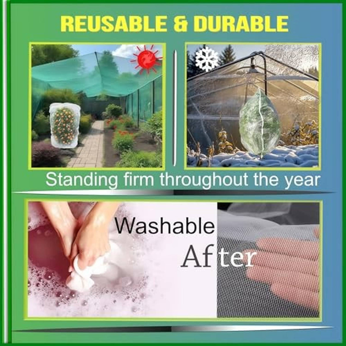 Transparent mesh plant cover bag, shown stretched over seedlings in a garden