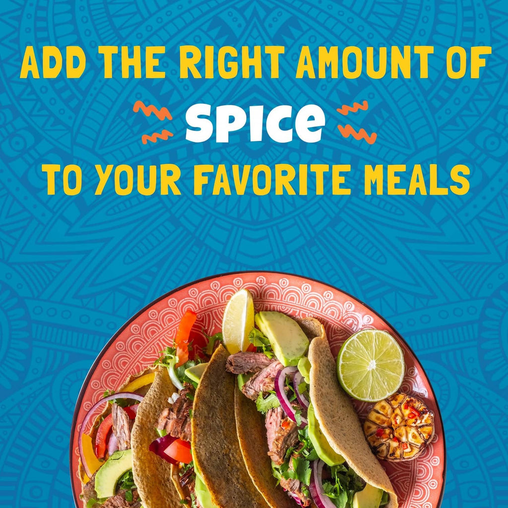 Mild taco sauce promotional graphic with tacos and meals seasoning message