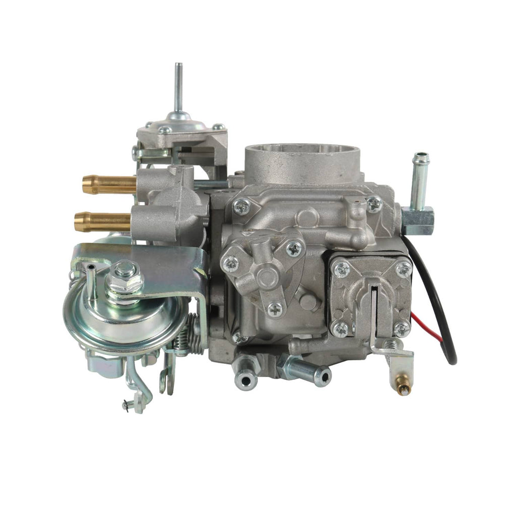 Carburetor assembly with fuel inlet fittings and air horn, silver body with black cable