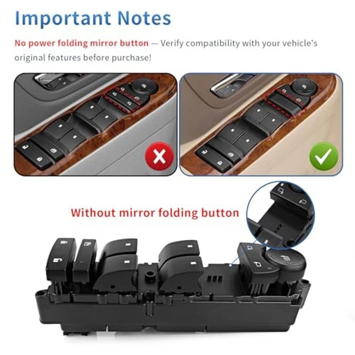 Black master power window switch panel with window lock and door lock buttons