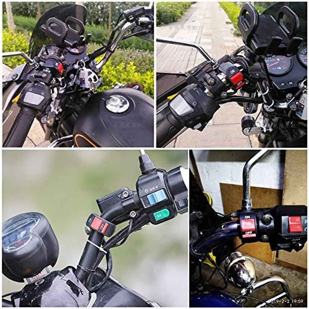 Motorcycle handlebar control switch with red ON/OFF buttons mounted on handlebars