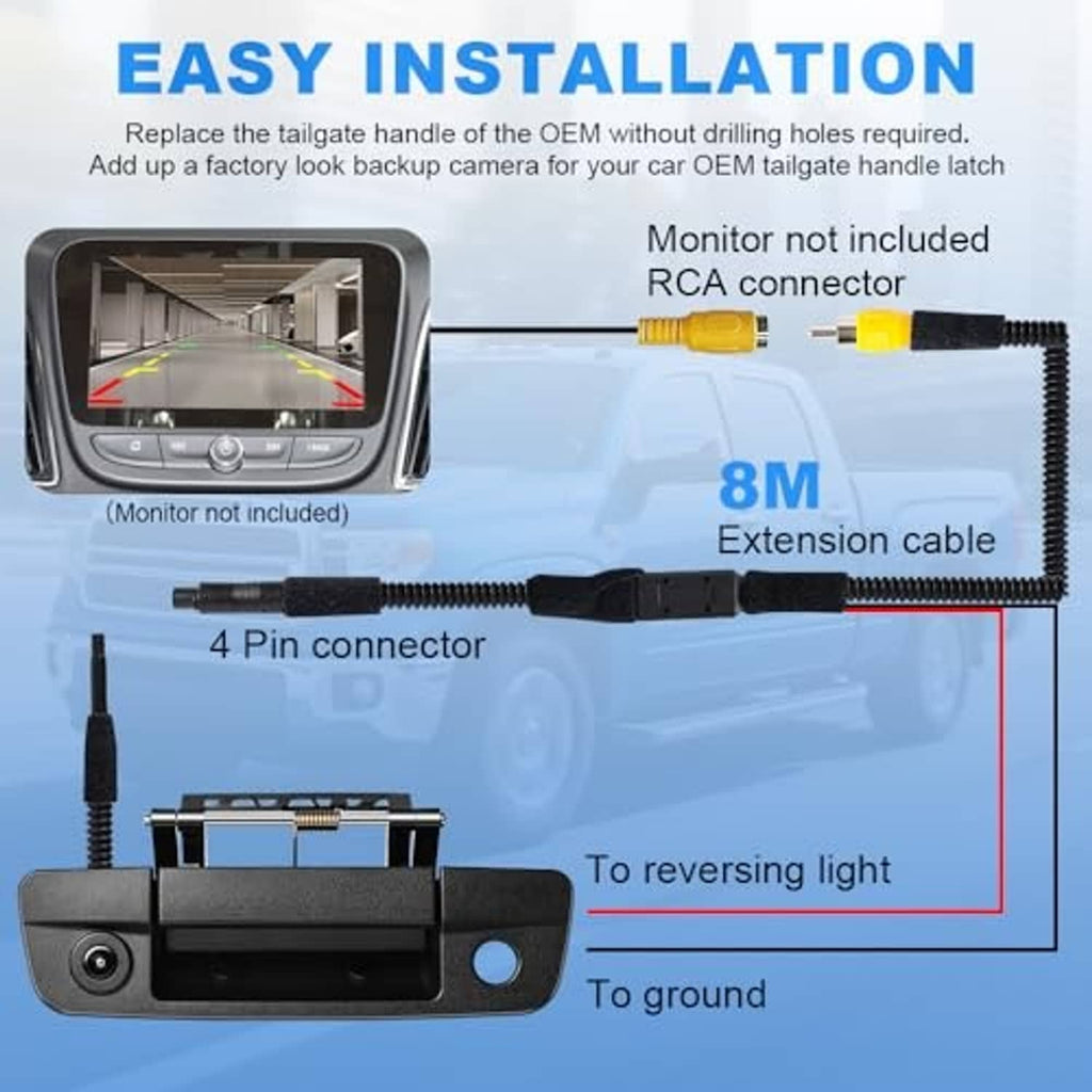 Rear tailgate handle backup camera kit with 4-pin connector and extension cable